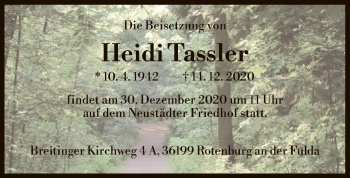 Traueranzeige von Heidi Tassler von HNA