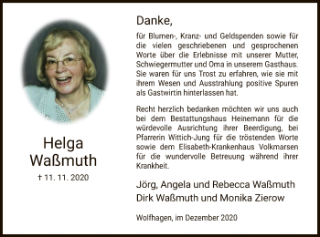 Traueranzeige von Helga Waßmuth von HNA