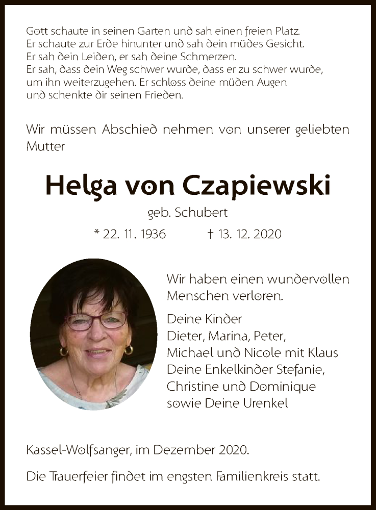  Traueranzeige für Helga von Czapiewski vom 18.12.2020 aus HNA