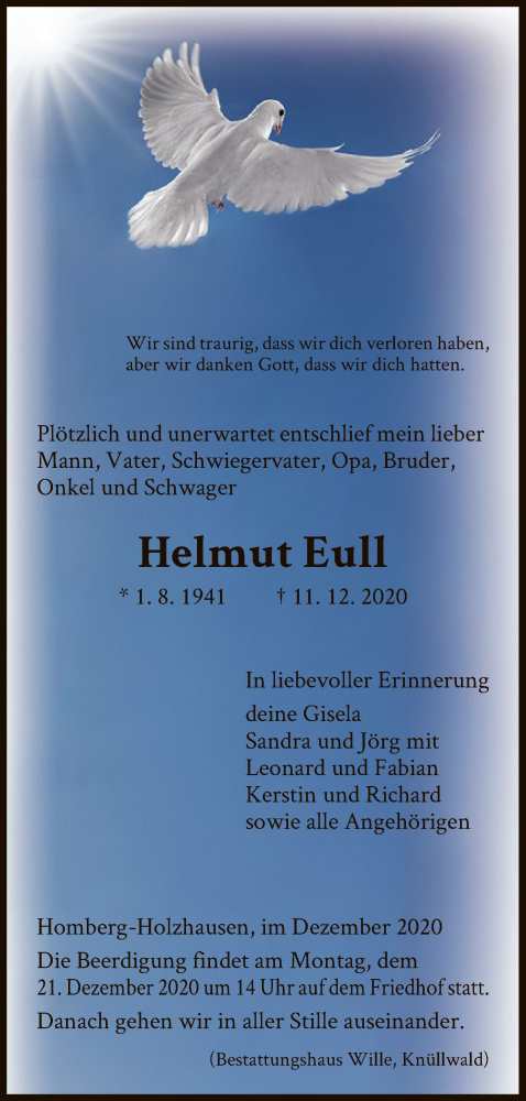  Traueranzeige für Helmut Eull vom 18.12.2020 aus HNA
