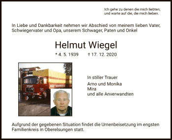 Traueranzeige von Helmut Wiegel von HNA