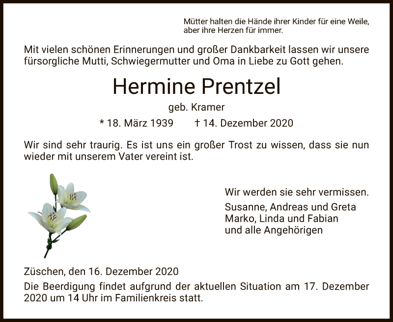  Traueranzeige für Hermine Prentzel vom 16.12.2020 aus HNA