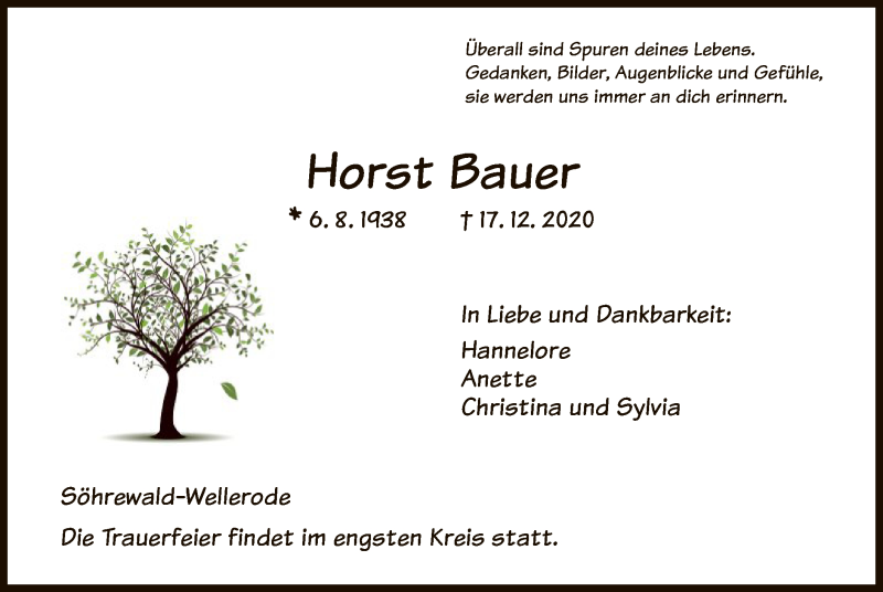  Traueranzeige für Horst Bauer vom 19.12.2020 aus HNA