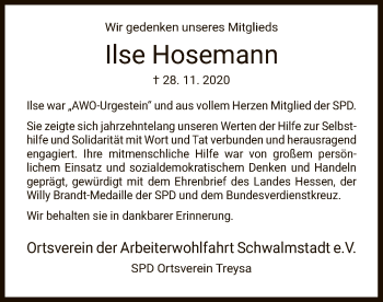 Traueranzeige von Ilse Hosemann von HNA