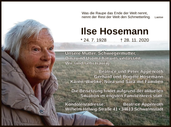 Traueranzeige von Ilse Hosemann von HNA