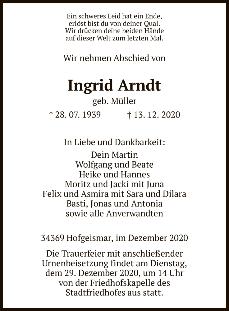  Traueranzeige für Ingrid Arndt vom 23.12.2020 aus HNA