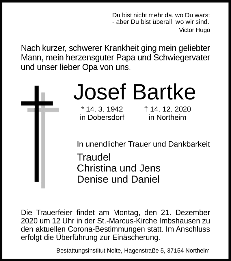  Traueranzeige für Josef Bartke vom 17.12.2020 aus HNA