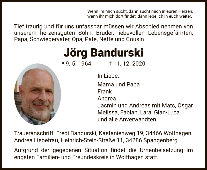  Traueranzeige für Jörg Bandurski vom 19.12.2020 aus HNA