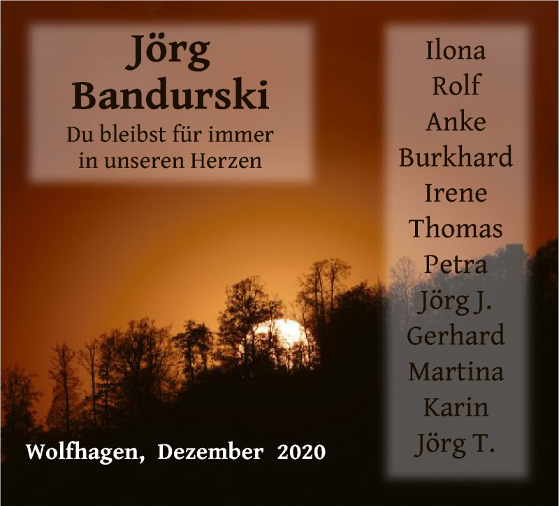  Traueranzeige für Jörg Bandurski vom 19.12.2020 aus HNA