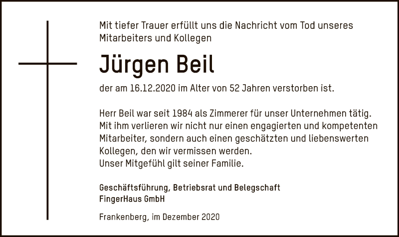  Traueranzeige für Jürgen Beil vom 21.12.2020 aus HNA
