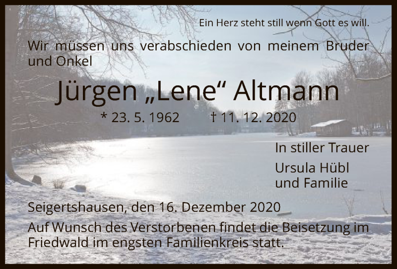  Traueranzeige für Jürgen Lene Altmann vom 16.12.2020 aus HNA