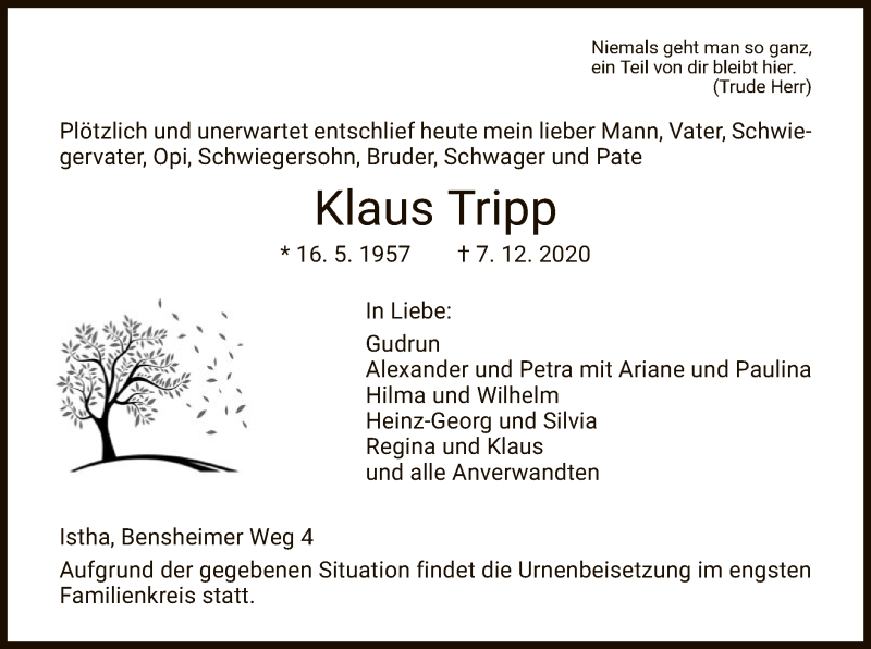  Traueranzeige für Klaus Tripp vom 12.12.2020 aus HNA