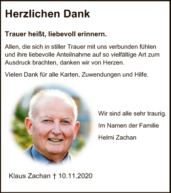 Traueranzeige von Klaus Zachan von HNA