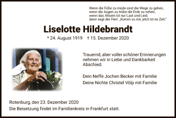 Traueranzeige von Liselotte Hildebrandt von HNA