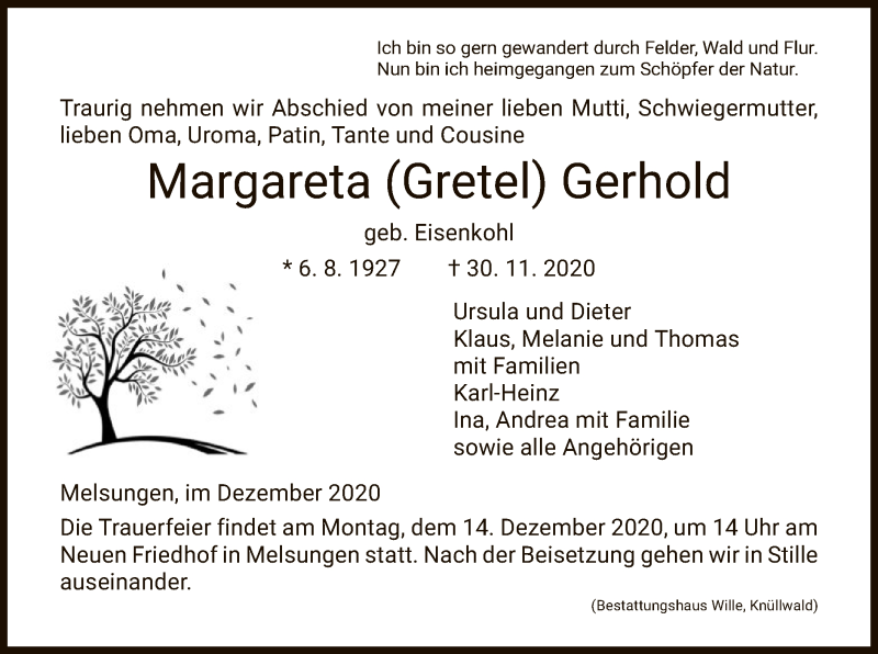  Traueranzeige für Margareta Gerhold vom 12.12.2020 aus HNA