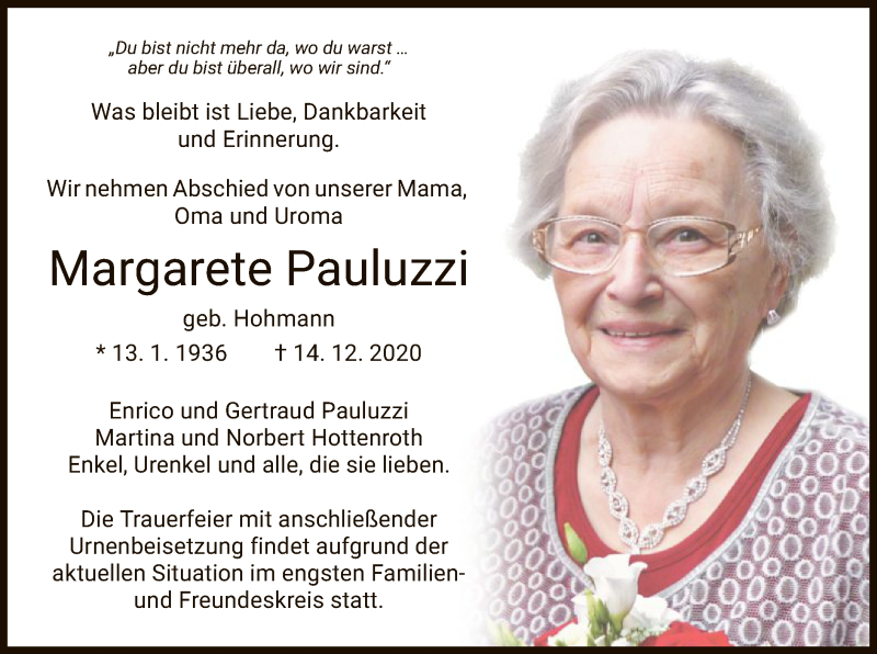  Traueranzeige für Margarete Pauluzzi vom 19.12.2020 aus HNA