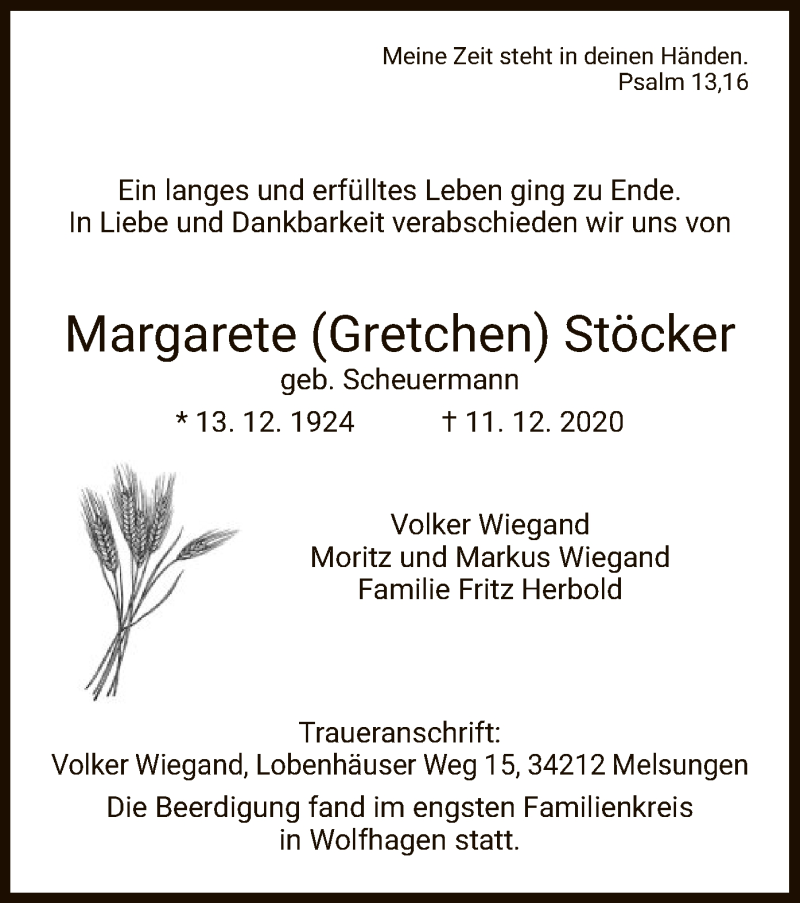  Traueranzeige für Margarete Stöcker vom 19.12.2020 aus HNA