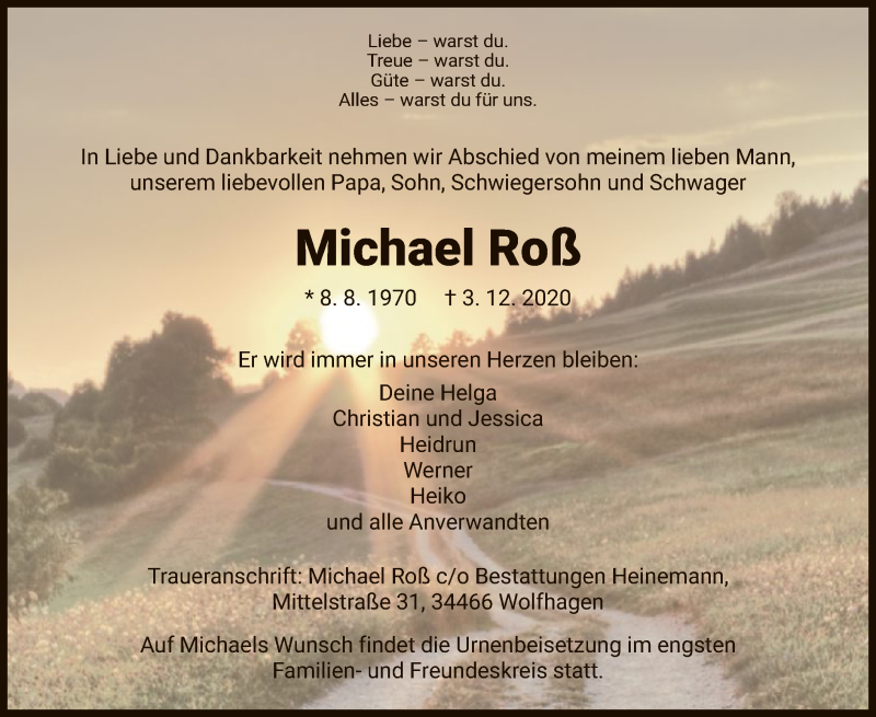  Traueranzeige für Michael Roß vom 05.12.2020 aus HNA