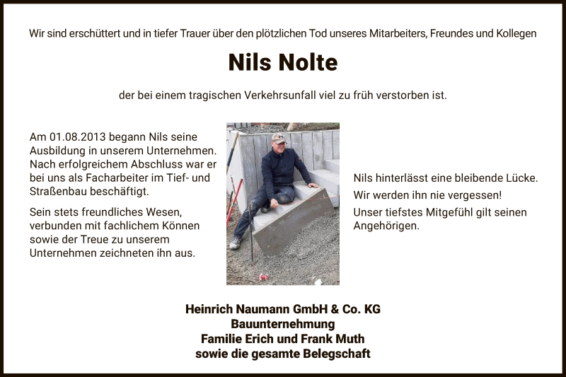  Traueranzeige für Nils Nolte vom 12.12.2020 aus HNA