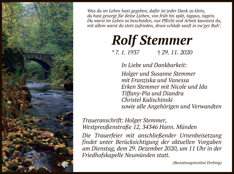  Traueranzeige für Rolf Stemmer vom 05.12.2020 aus HNA