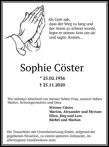 Traueranzeige von Sophie Cöster von HNA