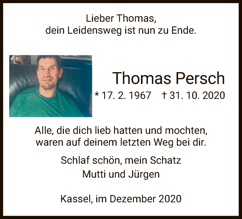  Traueranzeige für Thomas Persch vom 05.12.2020 aus HNA