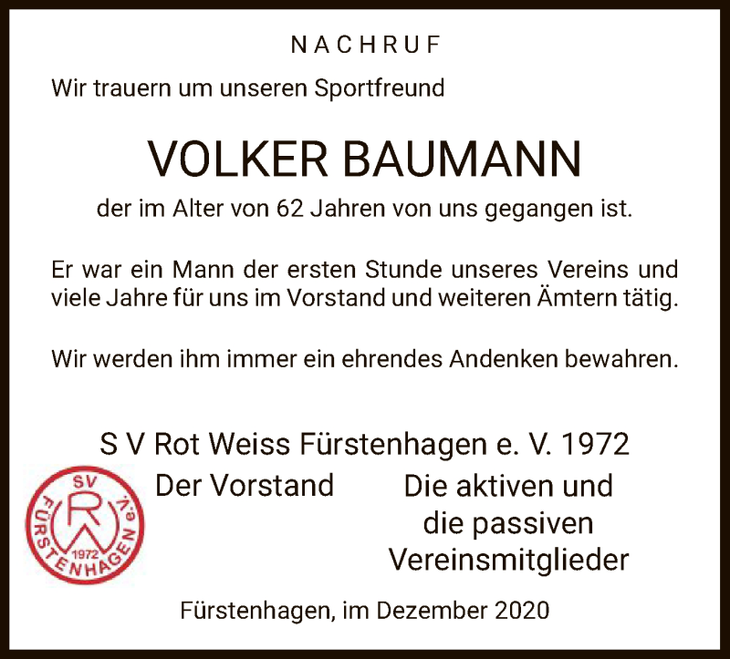  Traueranzeige für Volker Baumann vom 31.12.2020 aus HNA