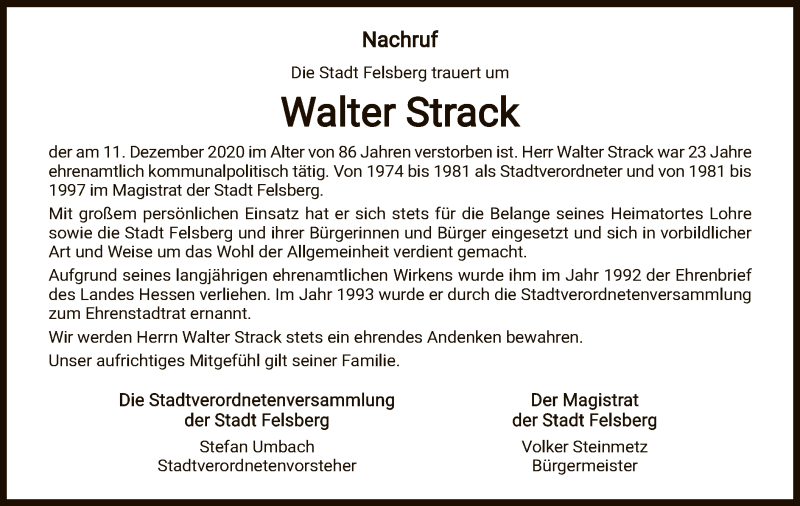  Traueranzeige für Walter Strack vom 17.12.2020 aus HNA