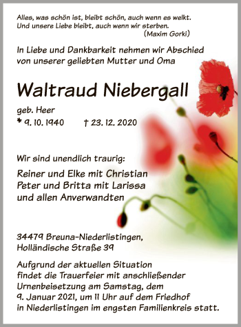 Traueranzeige von Waltraud Niebergall von HNA