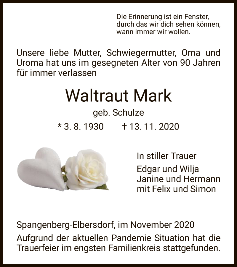  Traueranzeige für Waltraut Mark vom 01.12.2020 aus HNA