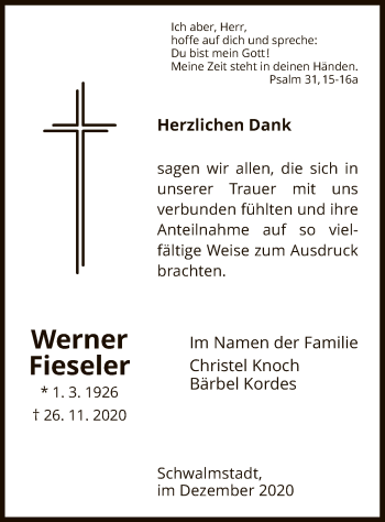 Traueranzeige von Werner Fieseler von HNA