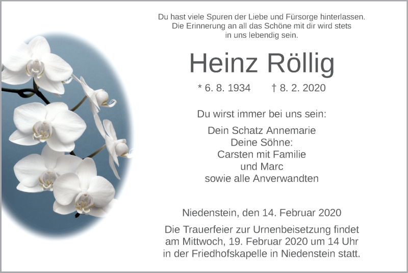  Traueranzeige für Heinz Röllig vom 14.02.2020 aus HNA
