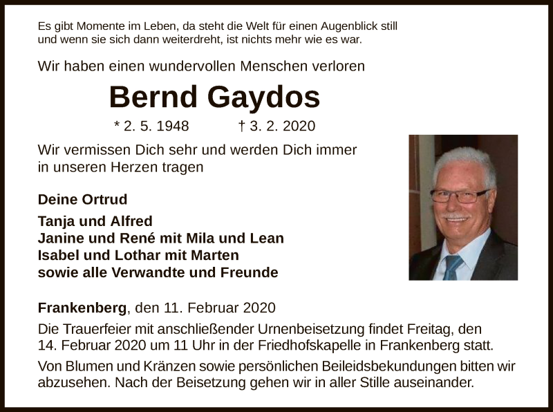  Traueranzeige für Bernd Gaydos vom 11.02.2020 aus HNA