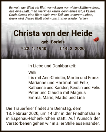 Traueranzeige von Christa von der Heide von HNA
