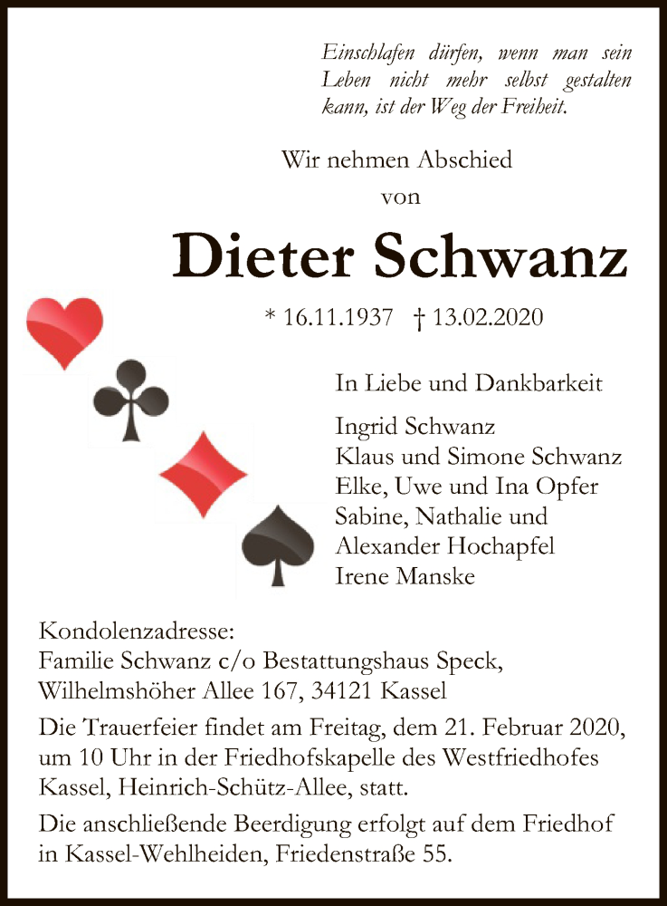  Traueranzeige für Dieter Schwanz vom 15.02.2020 aus HNA