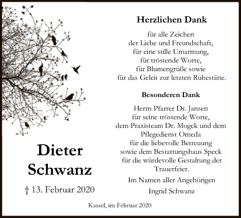  Traueranzeige für Dieter Schwanz vom 29.02.2020 aus HNA