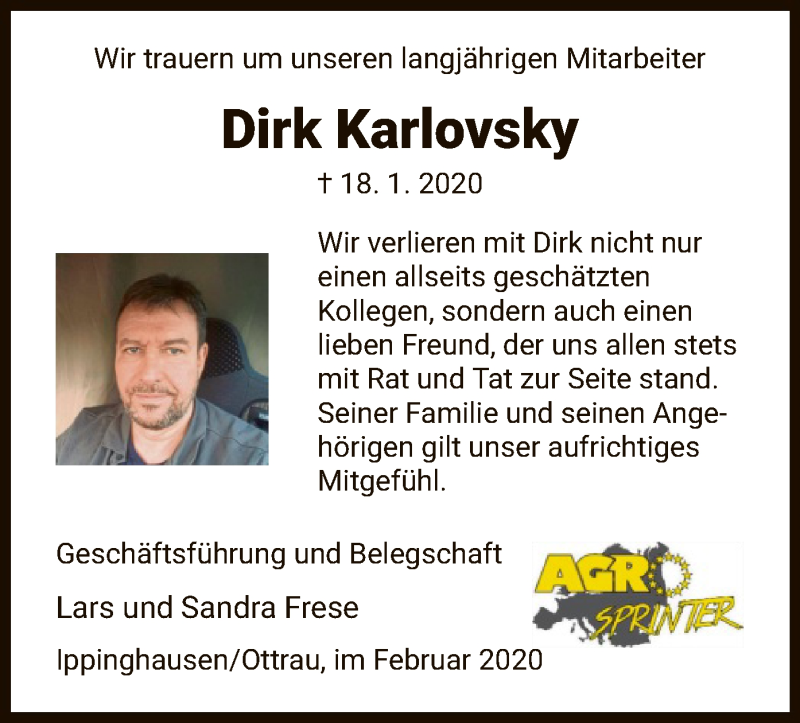  Traueranzeige für Dirk Karlovsky vom 01.02.2020 aus HNA