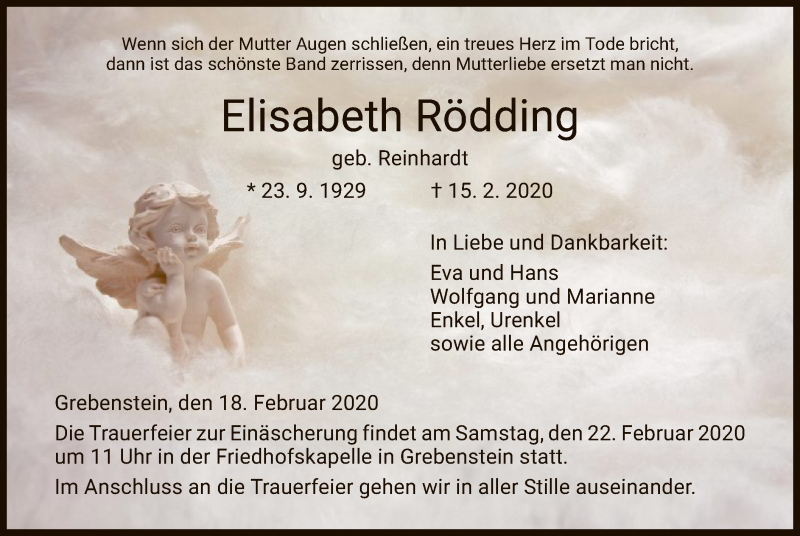  Traueranzeige für Elisabeth Rödding vom 18.02.2020 aus HNA