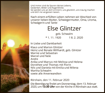 Traueranzeige von Else Glintzer von HNA