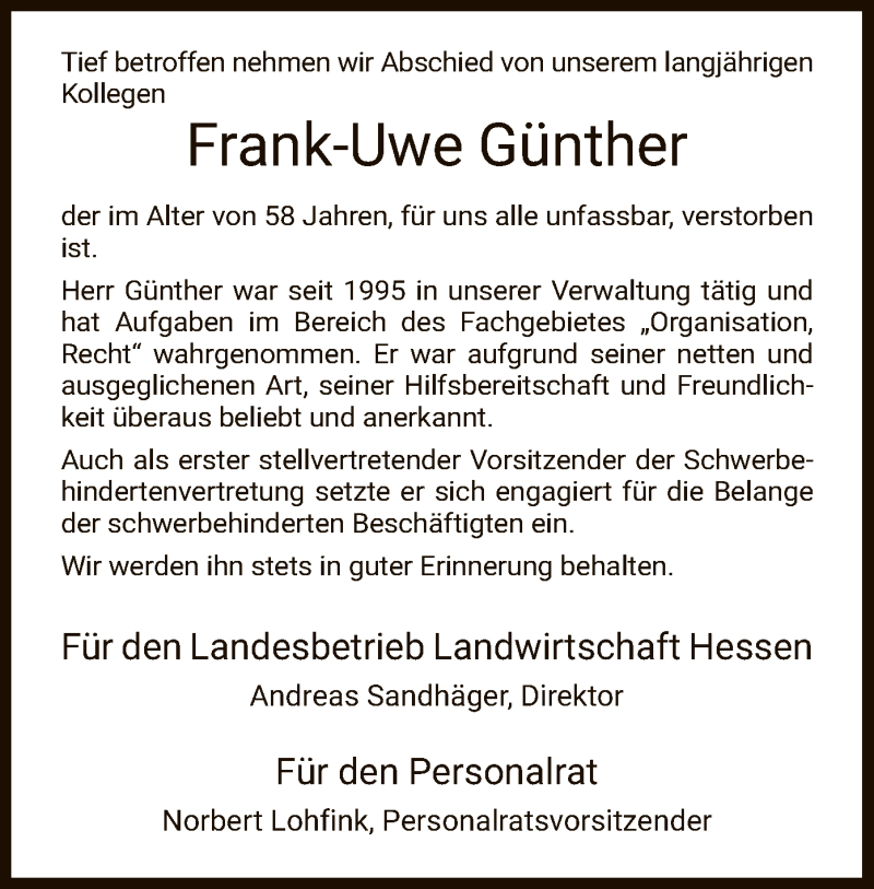  Traueranzeige für Frank-Uwe Günther vom 15.02.2020 aus HNA