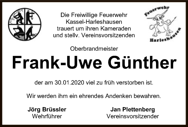  Traueranzeige für Frank-Uwe Günther vom 15.02.2020 aus HNA