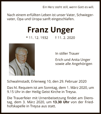 Traueranzeige von Franz Unger von HNA