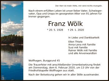 Traueranzeige von Franz Wölk von HNA