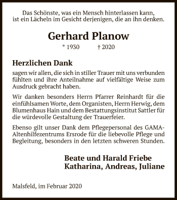 Traueranzeige von Gerhard Planow von HNA