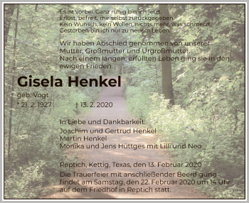 Traueranzeige von Gisela Henkel von HNA