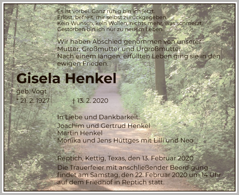 Traueranzeige für Gisela Henkel vom 18.02.2020 aus HNA