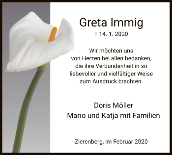 Traueranzeige von Greta Immig von HNA