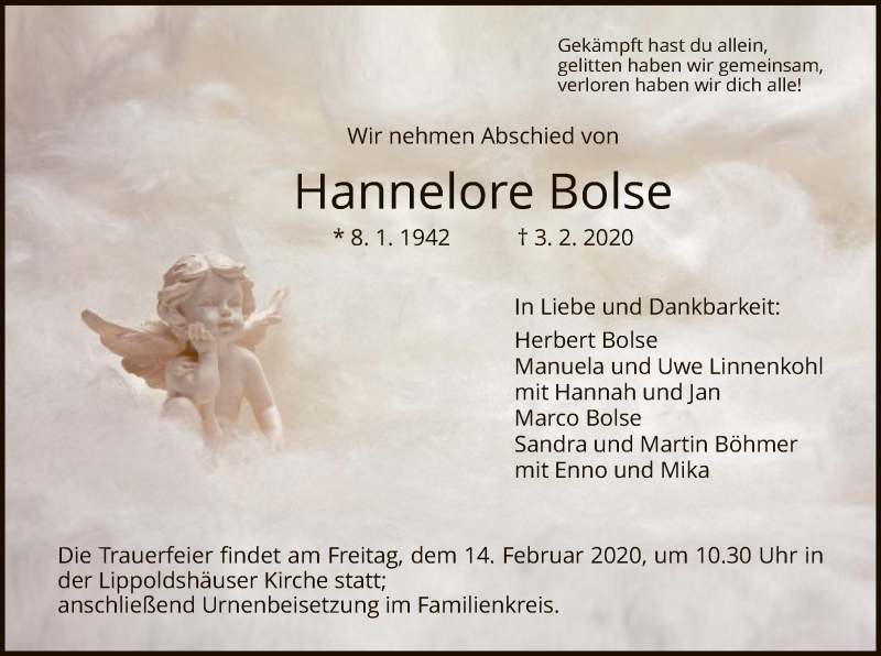  Traueranzeige für Hannelore Bolse vom 08.02.2020 aus HNA