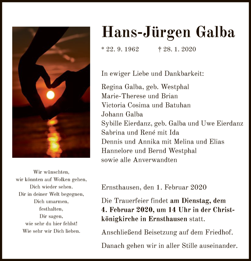  Traueranzeige für Hans-Jürgen Galba vom 01.02.2020 aus HNA