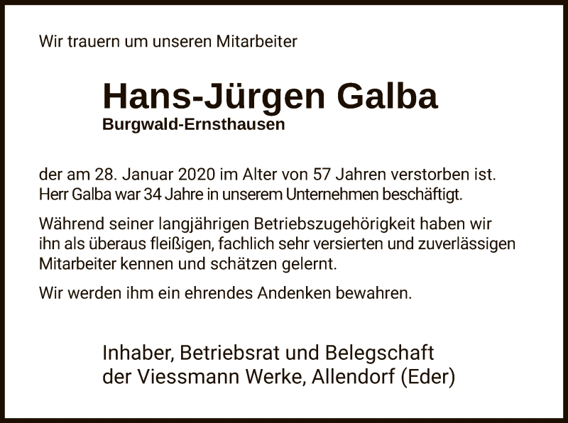  Traueranzeige für Hans-Jürgen Galba vom 05.02.2020 aus HNA